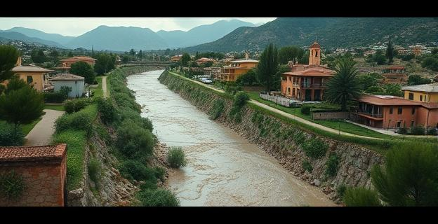 Imagen de un barranco desbordado con casas y coches inundados en un paisaje mediterráneo con montañas al fondo