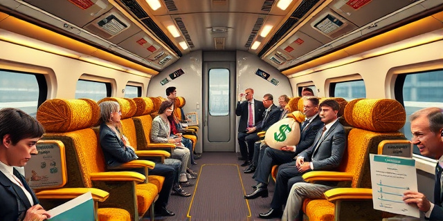 Una ilustración satírica y conceptual. Un tren de alta velocidad donde los asientos de primera clase son tronos de oro exagerados, mientras que los pasajeros de la clase turista sostienen carteles de protesta. En el vagón de mando, un grupo de personas con trajes elegantes sostiene una bolsa de dinero gigante mientras miran con preocupación un gráfico de barras donde su salario no sube lo suficiente. Estilo editorial de revista, colores contrastados, atmósfera irónica.