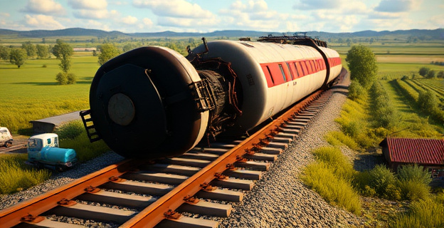 Imagen de un tren descarrilado en una vía con soldaduras visibles, con un fondo de paisaje rural y una atmósfera de investigación y análisis técnico.