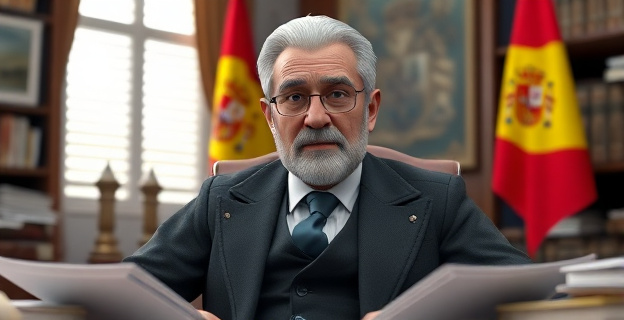 Representación de un hombre maduro y famoso, con expresión de determinación, sentado en un despacho jurídico, rodeado de papeles y libros de leyes, con una bandera de España al fondo.
