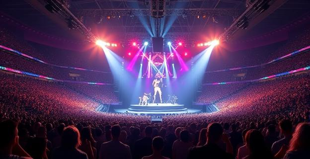Imagen de un estadio lleno durante un concierto de una artista femenina latina, con luces y efectos visuales intensos, sin incluir personas ni nombres propios visibles.