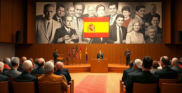 Una sala solemne con un atril y una bandera de España. Al fondo, un gran mural con imágenes de personas desaparecidas o represaliadas durante el franquismo. Un grupo de personas mayores y familiares de los homenajeados sentados en primera fila, con expresiones de respeto y emoción. En el escenario, una mesa redonda con los participantes del acto y una zona para actuaciones musicales con guitarras y un cantante.