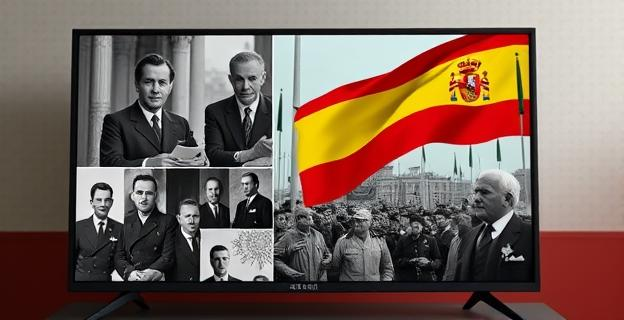 Una pantalla de televisión mostrando un documental sobre la Segunda República Española con imágenes de archivo de la época, incluyendo políticos y escenas de disturbios. Al fondo, una bandera republicana ondeando.