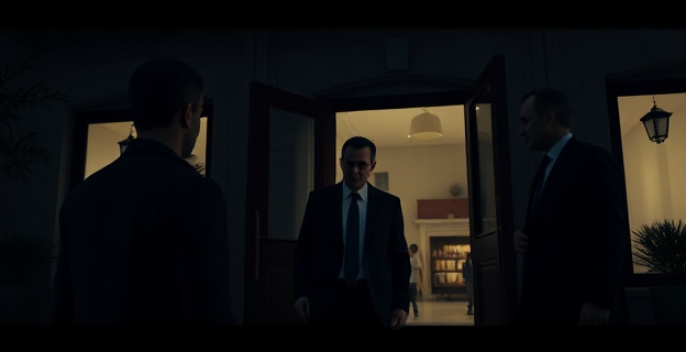 Una escena nocturna en Madrid donde se ve a Zapatero llegando al domicilio de González con escoltas, con un ambiente tenso y una luz suave en el interior de la casa.