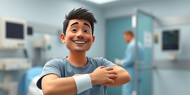 Una persona con un brazo lesionado y una sonrisa de alivio en su rostro, mientras un médico le atiende en un hospital