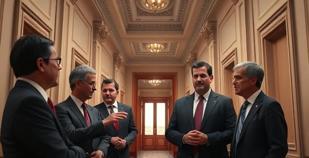 Una imagen que represente la tensión política en un pasillo del Congreso de los Diputados con varios diputados del PSOE hablando en voz baja y con semblante preocupado.