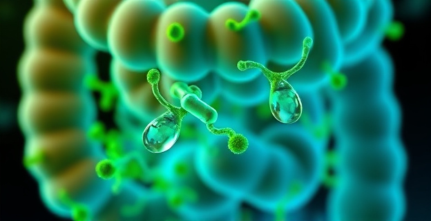 Una representación visual de bacterias intestinales fermentando carbohidratos y produciendo etanol, con un fondo que sugiere un intestino humano. Utiliza colores verdes y azules para representar el entorno intestinal y formas abstractas para las bacterias.