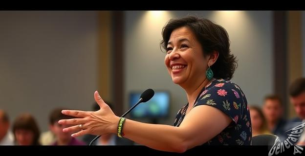 Irene Montero sonriendo mientras habla en una conferencia, con una pulsera antimaltrato en su muñeca.