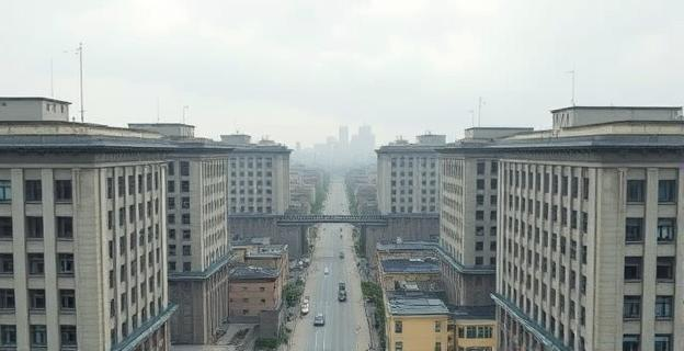Edificios largos y horizontales de concreto en una ciudad soviética