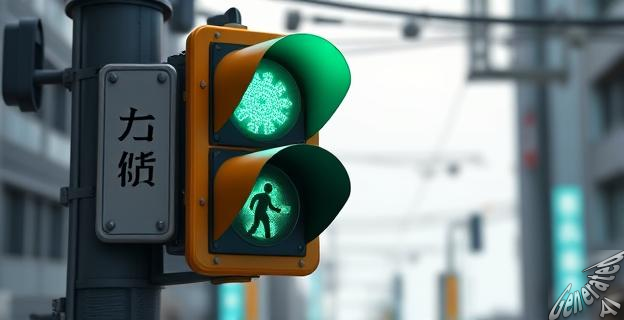 Un semáforo en una calle japonesa con una luz verde azulada y un cartel que dice 
