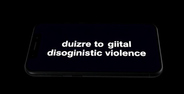 Una pantalla de móvil mostrando una campaña publicitaria con mensajes contra la violencia de género, con un fondo de colores oscuros y letras blancas resaltando la importancia de reconocer la violencia machista digital