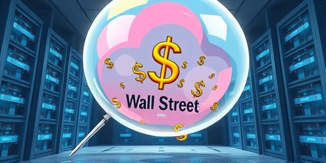 Una ilustración conceptual y satírica de una burbuja de jabón gigante flotando sobre un centro de datos tecnológico moderno. Dentro de la burbuja hay símbolos de dólares y circuitos integrados. La burbuja está a punto de explotar sobre un suelo de mármol de Wall Street, con un estilo artístico de caricatura editorial sofisticada, colores vibrantes pero con un aire de fragilidad.