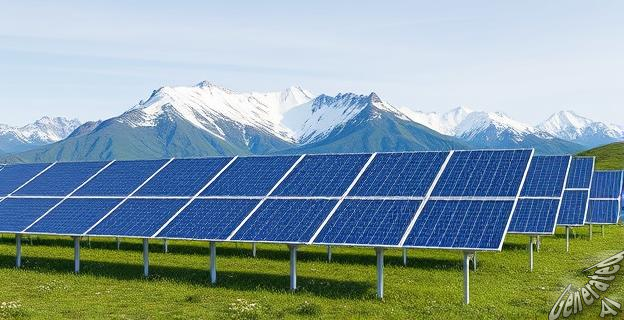 Imagen de paneles solares instalados en un paisaje alpino suizo con montañas nevadas al fondo