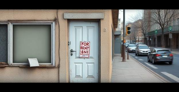 Un edificio de apartamentos con una fachada deteriorada y con una puerta principal rota, con una calle concurrida al fondo. En la puerta, hay un letrero que dice 