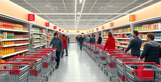 Un supermercado con carritos ordenados y personas realizando compras de manera ordenada, sin mostrar rostros ni nombres propios
