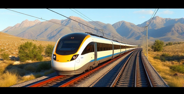 Imagen de un tren de alta velocidad circulando por una vía férrea en un paisaje español, con montañas al fondo y un cielo despejado.