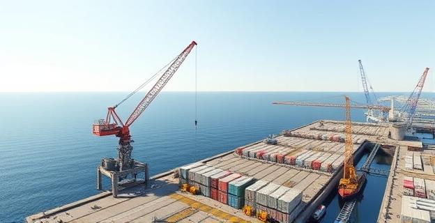 Puerto de Ceuta con obras de ampliación en curso, con grúas y maquinaria pesada trabajando en el malecón, bajo un cielo despejado y con el mar Mediterráneo de fondo.