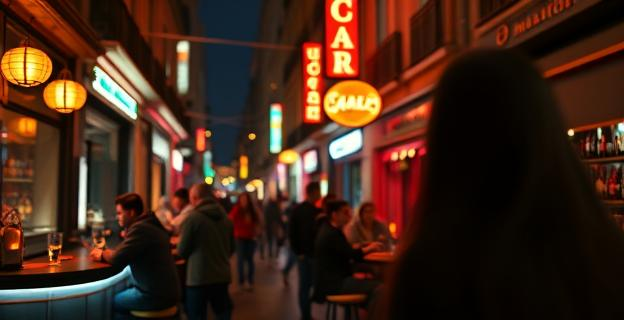 Una escena nocturna en Madrid con luces de neón y personas bebiendo en un bar. Al fondo, una figura borrosa de una mujer sospechosa.