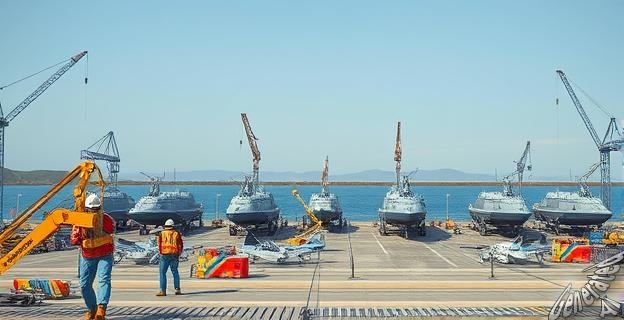 Imagen de una base naval con aviones y barcos en el puerto de Rota, España, con trabajadores en construcción en primer plano.