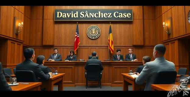 Imagen de un tribunal de justicia con una figura en el banquillo, rodeada de jueces y abogados, con un titular que dice 