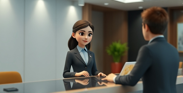 Una recepcionista de hotel con rasgos extranjeros atendiendo a un cliente en un mostrador de recepción, con una expresión de tensión en el ambiente.