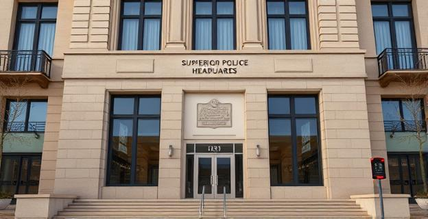 Edificio de la Jefatura Superior de Policía en Barcelona con una placa conmemorativa en la fachada, sin presencia de personas.