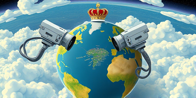 Una ilustración conceptual y satírica. Un globo terráqueo estilizado donde el Estrecho de Gibraltar es el centro. Dos cámaras fotográficas vintage gigantes flotan en el espacio exterior apuntando con precisión quirúrgica hacia una pequeña ciudad costera. De fondo, una corona real flotando entre nubes digitales. Estilo artístico de caricatura editorial moderna, colores contrastados, atmósfera de vigilancia fría y tecnológica.