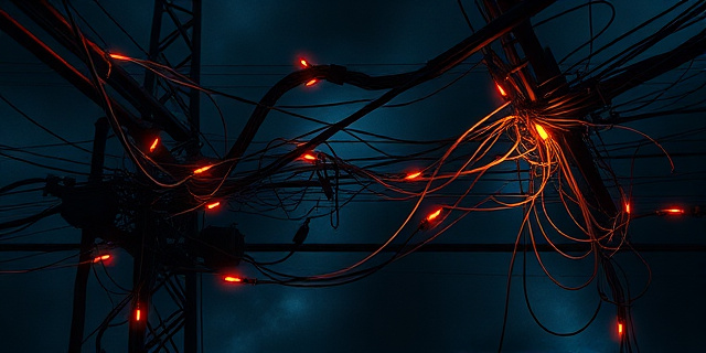 Una representación abstracta de una red eléctrica sobrecargada, con cables enredados y luces parpadeantes. Colores oscuros y contrastes fuertes para transmitir tensión y saturación. Estilo pictórico, casi impresionista, con pinceladas gruesas y texturas marcadas.