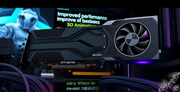 Una imagen de una tarjeta gráfica Nvidia GeForce RTX50 SUPER con un gran disipador de calor y varios puertos de conexión, rodeada de componentes de computadora y cables, con una pantalla de fondo mostrando gráficos de rendimiento mejorado.