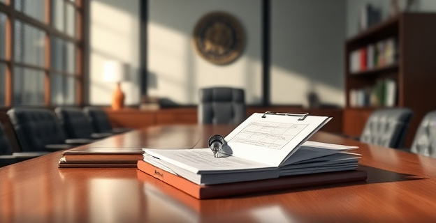 Una escena de un despacho oficial con documentos y grabadoras sobre una mesa, con una sombra de duda y controversia en el ambiente.