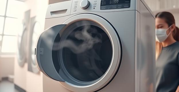 Imagen de una secadora de ropa con vapor saliendo de ella, con un fondo de aire contaminado y una persona con mascarilla en el fondo.