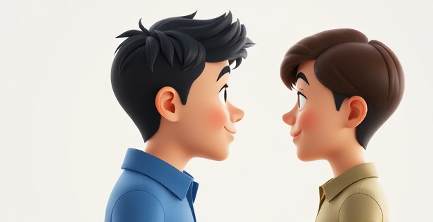 Dos personas frente a frente con expresiones faciales reflejadas en un entorno neutro