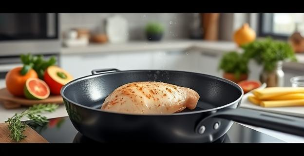 Una sartén con pechuga de pollo siendo cocinada con vinagre de manzana, rodeada de ingredientes frescos y una cocina moderna