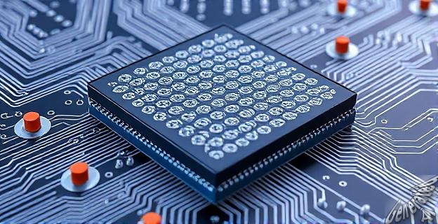 Ilustración de una oblea de silicio con microprotuberancias conectadas a un PCB multicapa