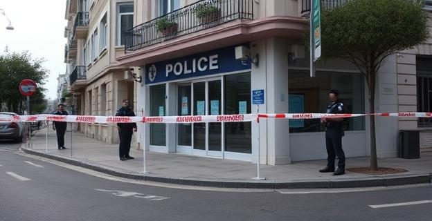 Una comisaría de policía precintada con cintas de seguridad en una calle de Valladolid, con agentes de policía en el exterior y un ambiente de seriedad