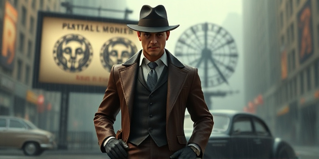 Un detective noir en una ciudad lluviosa, vestido con un traje llamativo y un holster en el hombro, frente a un cartel con símbolos crípticos, con un coche vintage al fondo, sin rostros ni textos visibles.