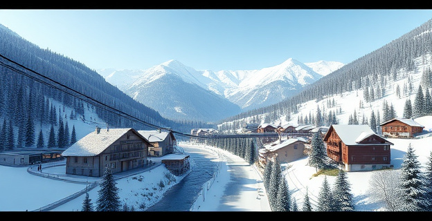 Imagen de una parroquia montañosa con pistas de esquí y un teleférico moderno conectando el pueblo con las montañas nevadas, con un río atravesando el centro urbano y montañas boscosas alrededor.