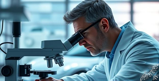 Un investigador en un laboratorio con un microscopio, observando células, con un coche de fondo como metáfora de su explicación.