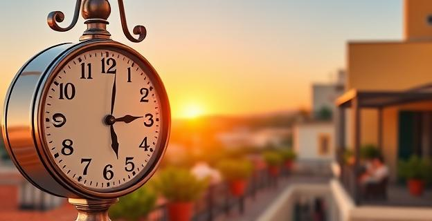 Imagen de un reloj en primer plano con un fondo que muestra un paisaje español soleado y personas disfrutando de terrazas al atardecer, con un toque de luces de luna en el horizonte
