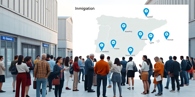 Un frente de oficinas de extranjería en una zona urbana, con edificios administrativos de estilo moderno. Personas de distintas etnias y edades, con pasaportes y formularios en mano, esperan en filas diversas. El fondo muestra un mapa de España con marcadores en Madrid, Valencia, Murcia, Alicante y Almería, resaltados con luces azules. La escena transmite tensión burocrática y rivalidad política, sin incluir rostros reales ni textos.
