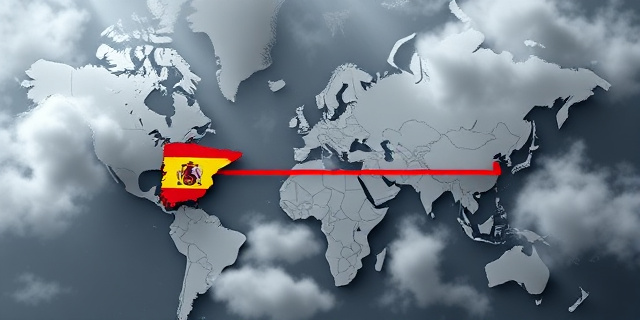 Una imagen de un mapa del mundo con España y Estados Unidos resaltados, con una línea roja que los separa, y un fondo de nubes oscuras que simbolizan la tensión entre los dos países.