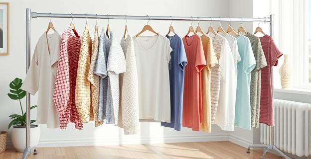 Tendedero de ropa colgado en un espacio interior con varias prendas de diferentes tamaños, con una toalla seca entre ellas y cerca de una estufa, mostrando un ambiente organizado y con buena circulación de aire.