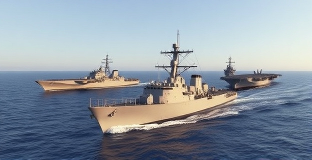 Una fragata moderna navegando junto a un portaaviones y buques de guerra en el mar Mediterráneo, con el horizonte de Creta al fondo