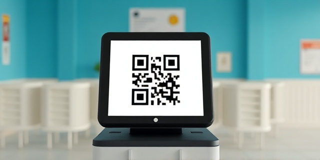 Una mesa electoral con un dispositivo para verificar la identidad de los electores a través de un código QR