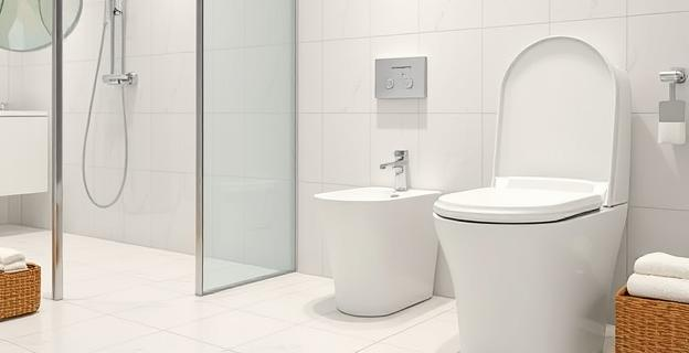 Un baño moderno con ducha higiénica instalada junto a un inodoro, un bidé elegante y un asiento sanitario electrónico con control de temperatura y secado automático. En el fondo, un cesto con paños reutilizables lavables.