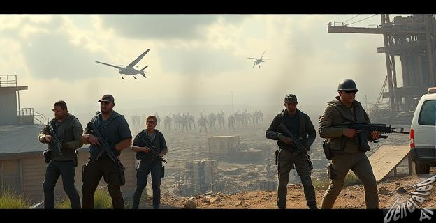 Una imagen de un grupo de supervivientes armados en un entorno postapocalíptico con un fondo de ciudad destruida y una horda de mutantes en el horizonte.