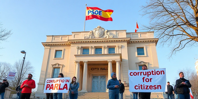 Una imagen de un edificio del Ayuntamiento de Parla con una bandera del PSOE ondeando en la parte superior, mientras que en la parte inferior se ven varias personas protestando con pancartas que dicen 