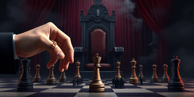 Una ilustración conceptual y satírica. En primer plano, una mano elegante con un anillo de oro mueve una pieza de ajedrez que tiene la forma de una multitud de personas diminutas hacia una frontera costera. Al fondo, un trono majestuoso envuelto en humo y sombras, con un telón de teatro que se cae, revelando una maquinaria industrial fría y gris. Estilo editorial de revista política, colores contrastados, atmósfera de intriga y poder.