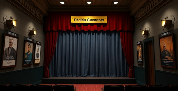 Un pequeño teatro vacío con un telón bajado y una placa que indica 