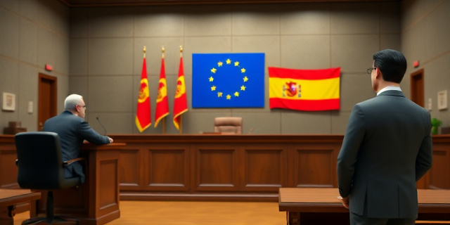 Una sala de justicia europea con una bandera de la Unión Europea y una bandera de España, con un juez en el estrado y un abogado argumentando, mientras un empresario español observa con preocupación